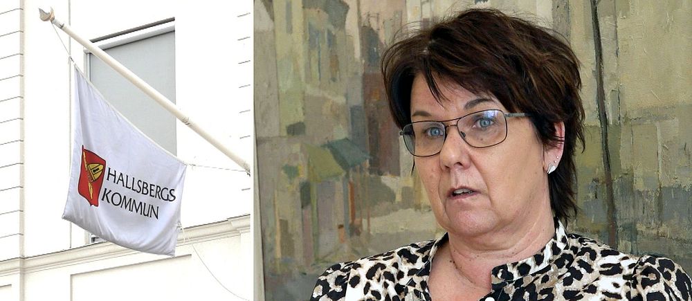 Delad bild. Vänster: Hallsbergs kommuns flagga. Höger: kvinna i leopardmönstrad blus gestikulerar.