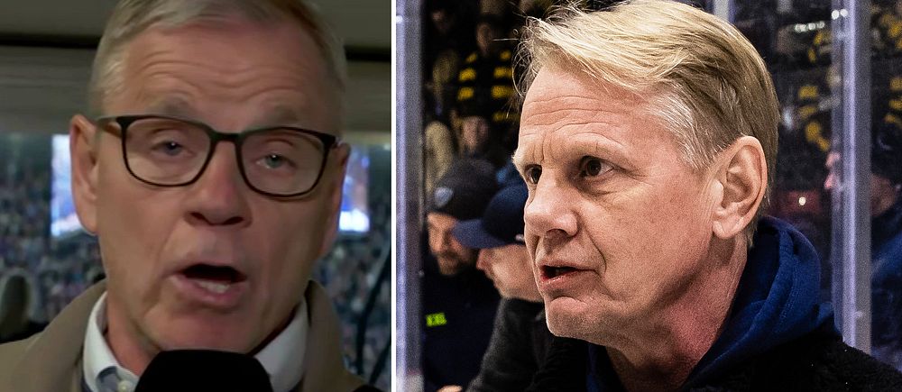 Tvådelad bild. Till vänster intervju i tv med SVT-mikrofon, till höger person vid hockeyrink.