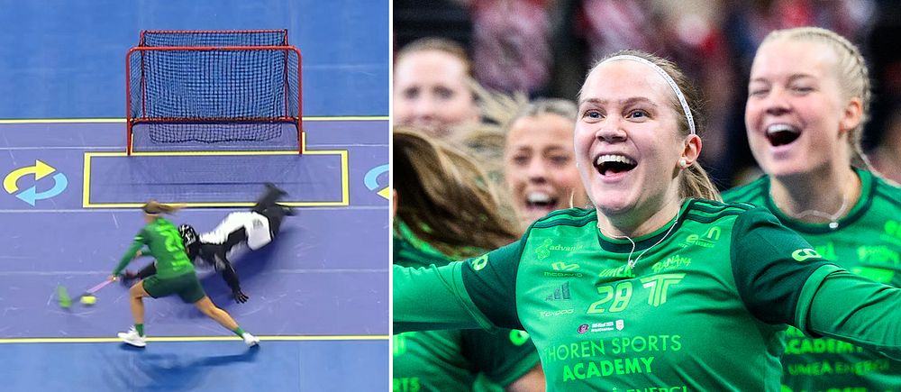 Delad bild. Vänster: innebandyspelare gör mål. Höger: lag i gröna tröjor firar tillsammans.