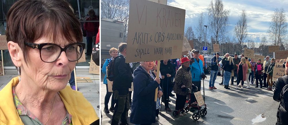 Aktionsgruppen från Jokkmokk demonstrerar för vården utanför regionhuset i Luleå.
