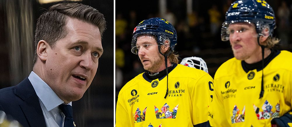 Delad bild. Till vänster: man i kostym. Till höger: två hockeyspelare i gula tröjor.