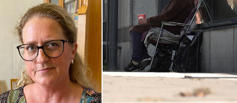 Jessica Ekerbring (S), kommunalråd i Örebro, och en EU-migrant som tigger