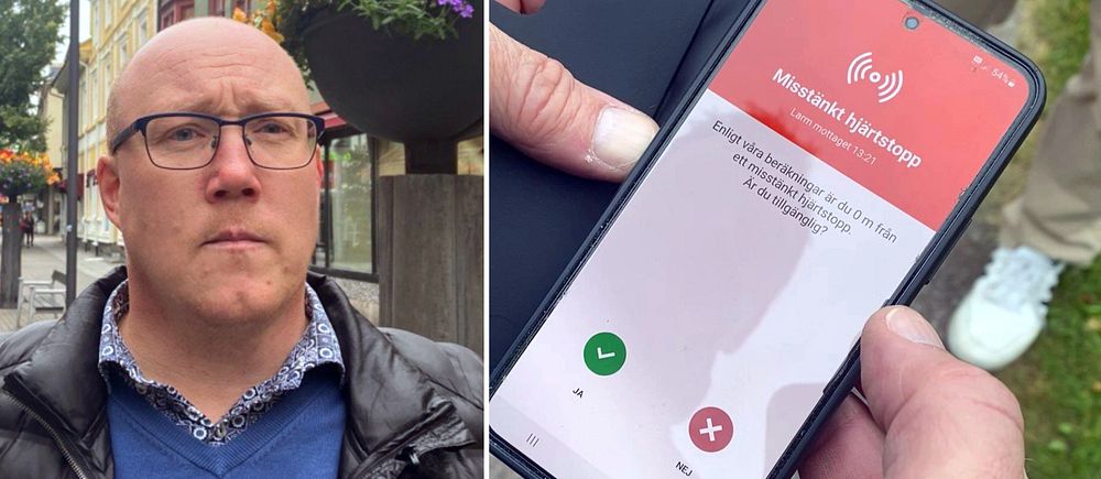Tvådelad bild med porträtt av man med glasögon och blå tröja, Peter Johansson och en närbild av en mobiltelefon med appen som används för livräddning.