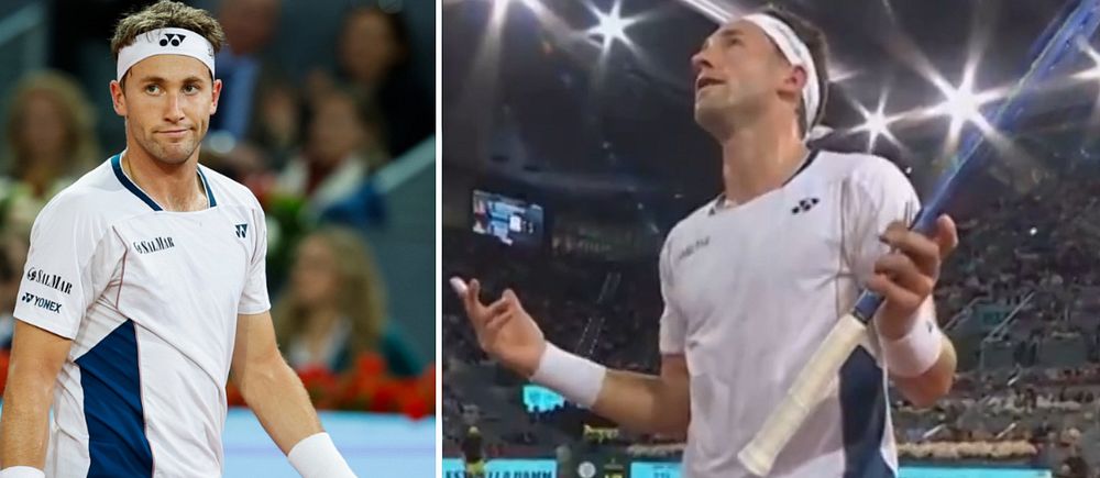 Delad bild. Till vänster: tennisspelare gestikulerar. Till höger: samma spelare på tennisbana.