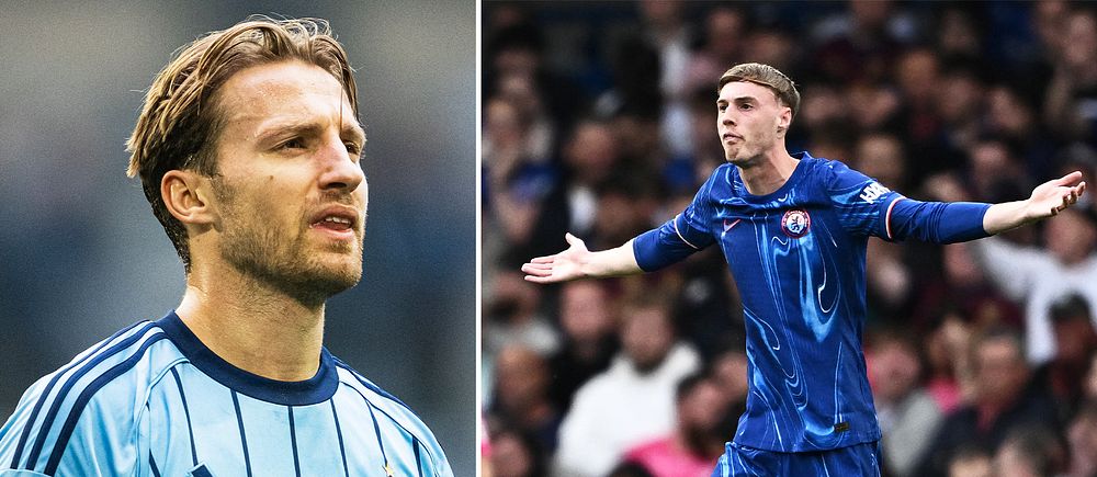 Delad bild. Vänster: Djurgården-spelare. Höger: Chelsea-spelare firar mål inför publik.