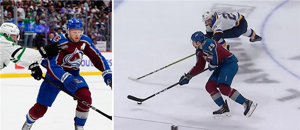 Delad bild. Vänster: Colorado-spelare på isen. Höger: Colorado-spelare jagas av motståndare.