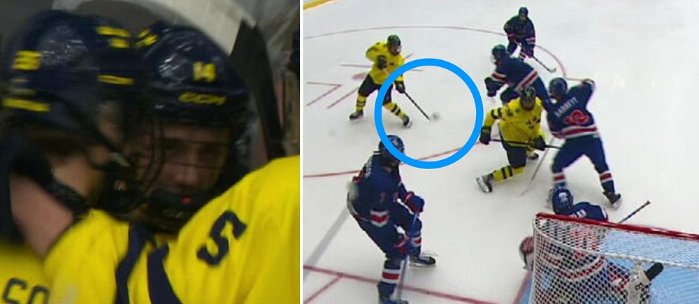 Delad bild. Vänster: svensk hockeyspelare firar. Höger: målchans vid USA:s mål.