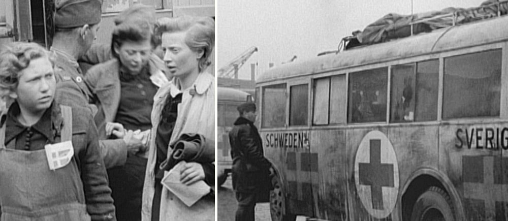 Delad bild. Till vänster: kvinnor i samtal efter kriget. Till höger: svensk rödakorsbuss.