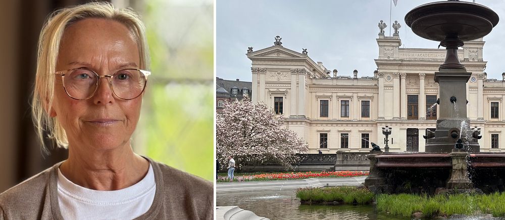 Delad bild. Till vänster: kvinna inomhus. Till höger: universitetsbyggnad och fontän.