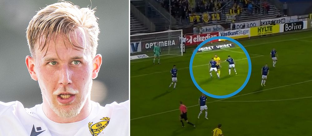 Delad bild. Vänster: spelare i Mjällbytröja. Höger: fotbollsmatch, spelare i närkamp markerad.
