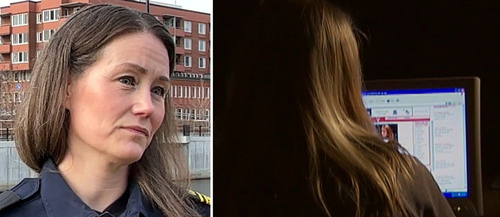 Tvådelad bild. Vänster: polisuniform. Höger: person vid datorskärm.
