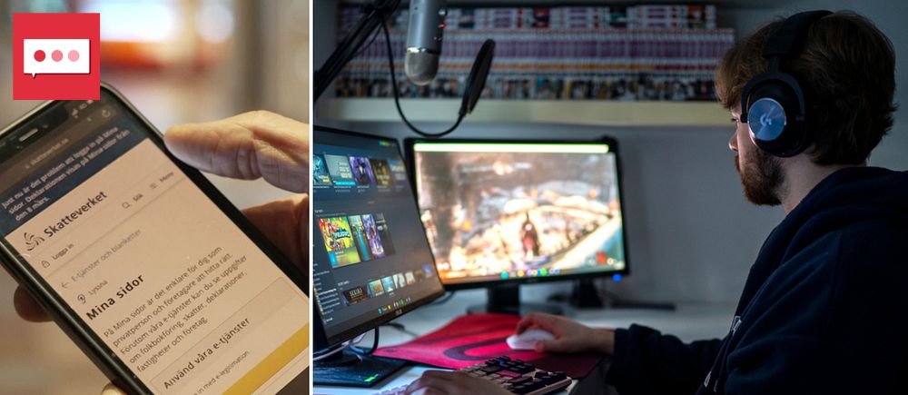 Tvådelad bild. Vänster: hand håller mobil, på skärmen syns Skatteverkets webbsida. Höger: person spelar datorspel vid skrivbord.