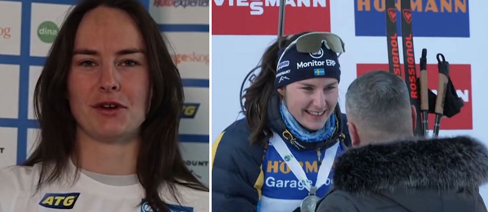 Delad bild. Till vänster: idrottare vid intervjutavla. Till höger: prisutdelning på skidtävling.