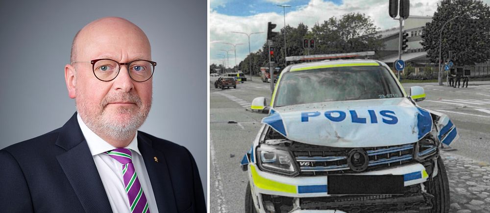 Delad bild. Till vänster en man i kostym, till höger en krockad polisbil på gata.