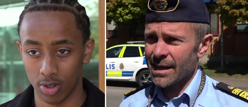 Tvådelad bild. Till vänster: person med flätor. Till höger: polis i uniform och polisbil.