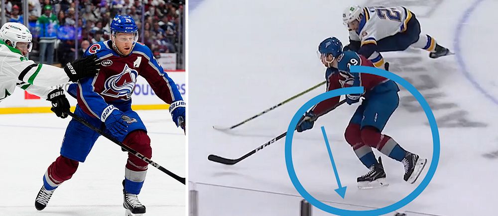 Delad bild. Vänster: Ishockeyspelare åker med pucken. Höger: närkamp, spelare markeras med cirkel.