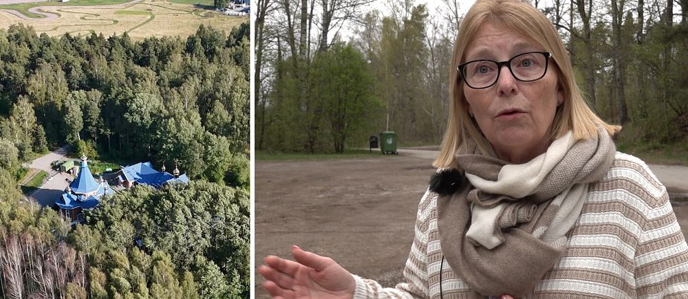 Delad bild. Vänster: flygfoto över kyrka i skog. Höger: person talar utomhus med natur i bakgrunden.