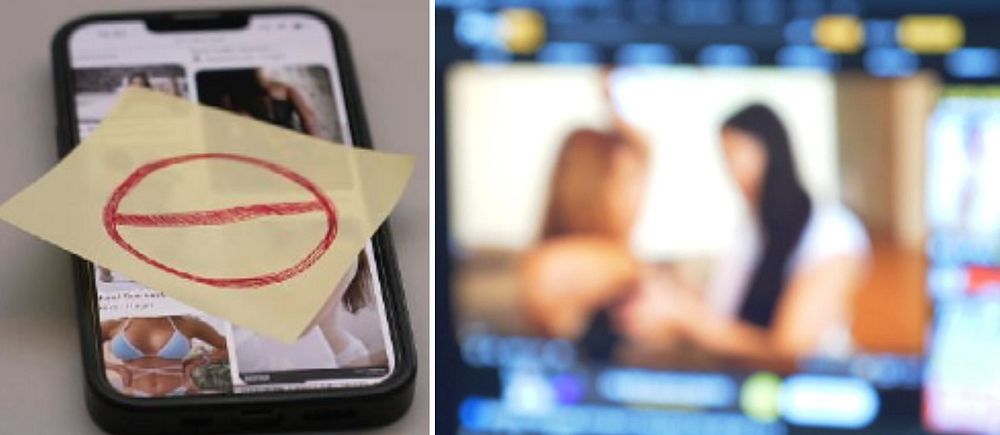 Tvådelad bild. Vänster: smartphone med stopptecken. Höger: suddig bild på skärm med videouppspelning.