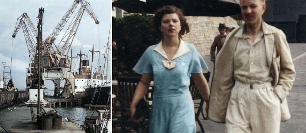 Tvådelad bild: vänster visar en hamn med kranar, höger visar ett äldre foto med två personer som promenerar.