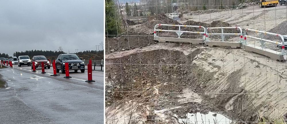 Delad bild. Till vänster: kö av bilar på E4 vid Torsboda i Timrå. Till höger: vägbygge med grävmaskin.