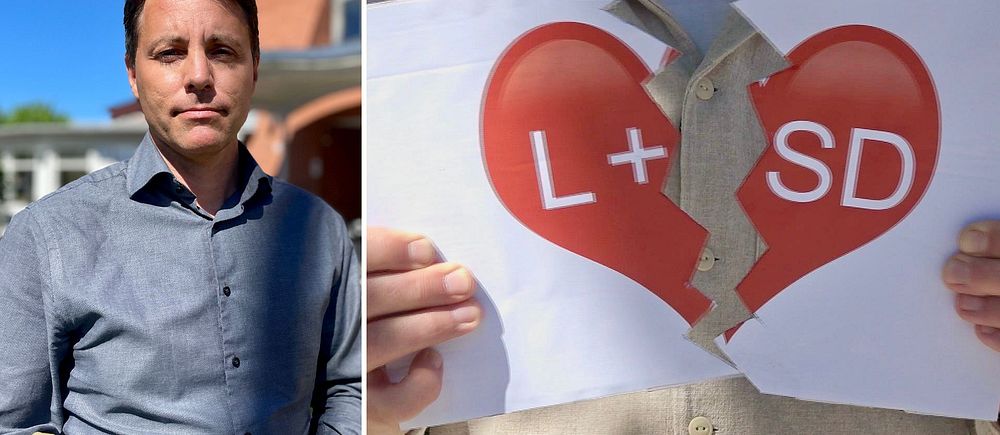En man till vänster i bild, till höger ett hjärta på ett papper men texten L+SD som rivs sönder
