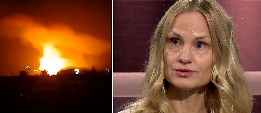 Delad bild. Till vänster: stor brand på natthimmel. Till höger: kvinna i tv-studio.
