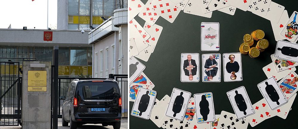 Ryska ambassaden och spelkort på ett bord