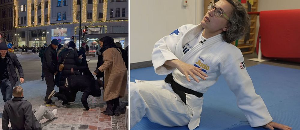 Tv. en person sitter på marken efter att ha halkat och en person som håller på att halka. Th. Julia Hamilton, i en träningssal.