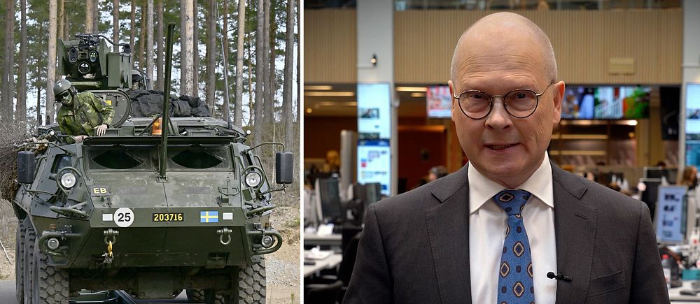 En pansarvagn och Mats Knutson SVT:s politikreporter