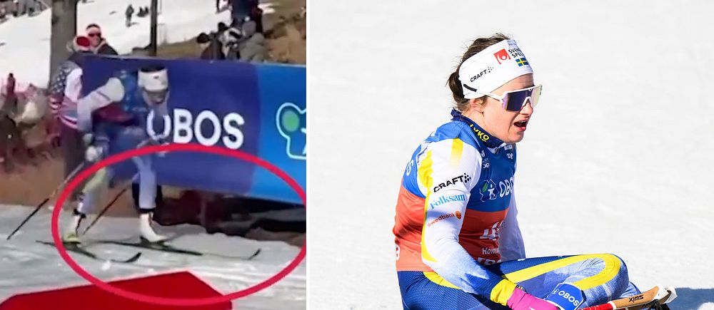 Tvådelad bild. Vänster: Skidåkare vid startlinje. Höger: Skidåkare sitter i snön.