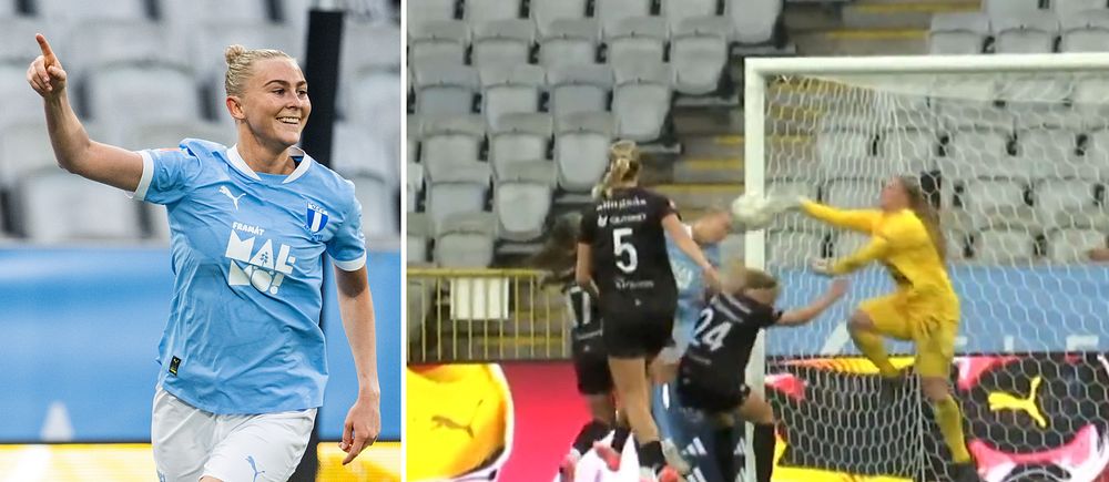 Delad bild. Till vänster: Malmöspelare firar mål. Till höger: bollen går in bakom målvakt i mål.