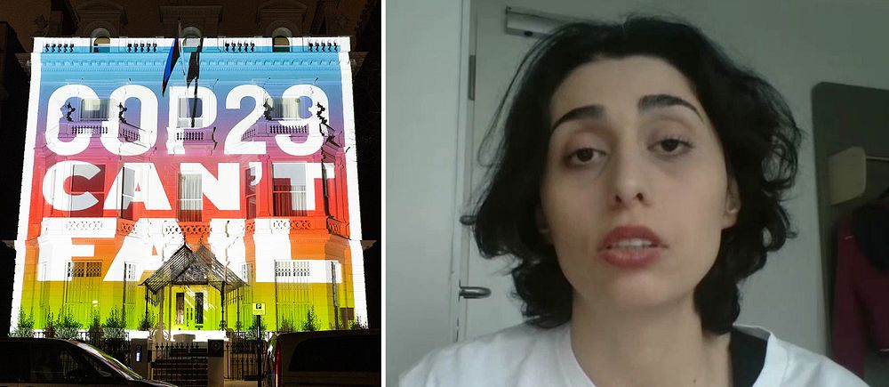 En delad bild där den vänstra sidan visar en byggnad som är upplyst med färgglada ljus och texten ”COP29 CAN'T FAIL”. Den högra sidan visar en person i en t-shirt, tagen från bröstet och uppåt, mot en enkel bakgrund.