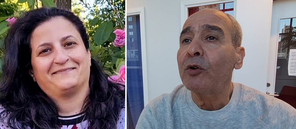 Delad bild. Vänster: kvinna i blommig tröja utomhus. Höger: man i grå sweatshirt inomhus.