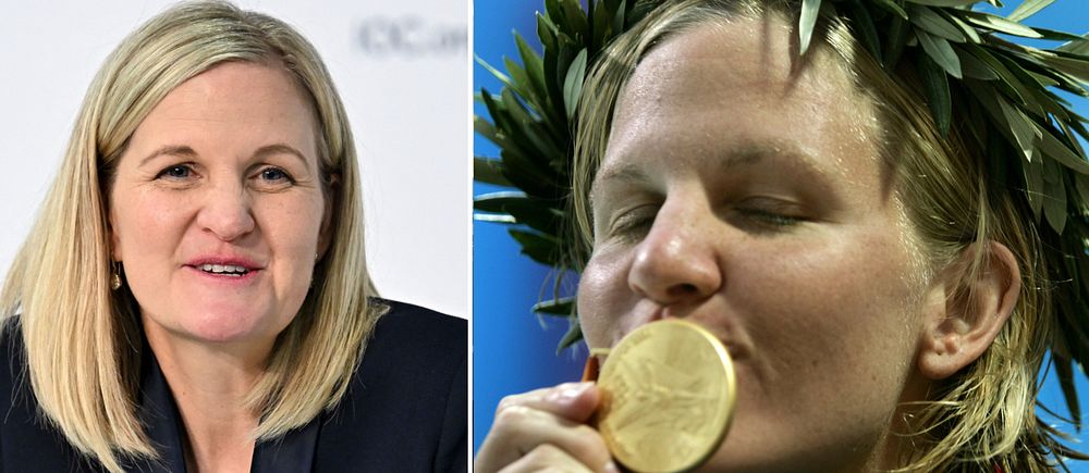 Tvådelad bild. Vänster: Person med blondt hår vid mikrofon. Höger: Person med lagerkrans tar en medalj.