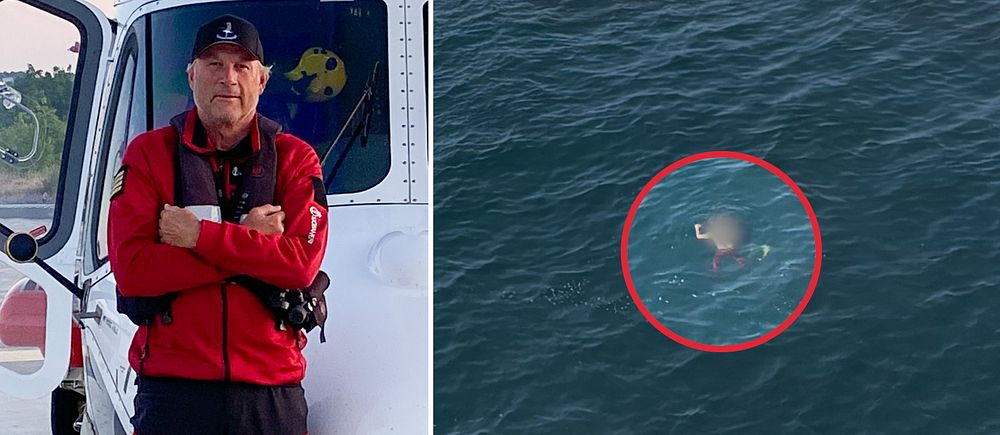Carl Tengblad i röd räddningsdräkt vid helikopter samt misstänkta personen markerad i havet.
