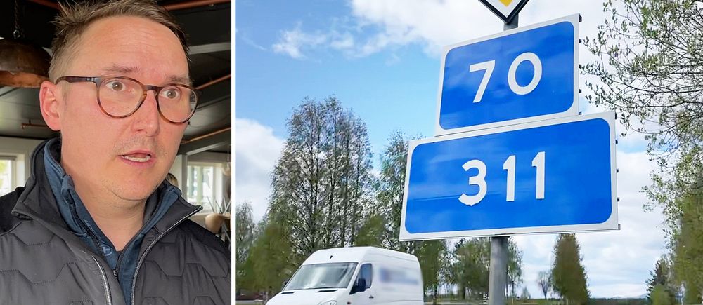 Delad bild – till vänster en bild på en man med glasögon, Idre fjälls Tommy Halvarsson. Till höger en bild på en vägskylt på riksväg 70/länsväg 311.