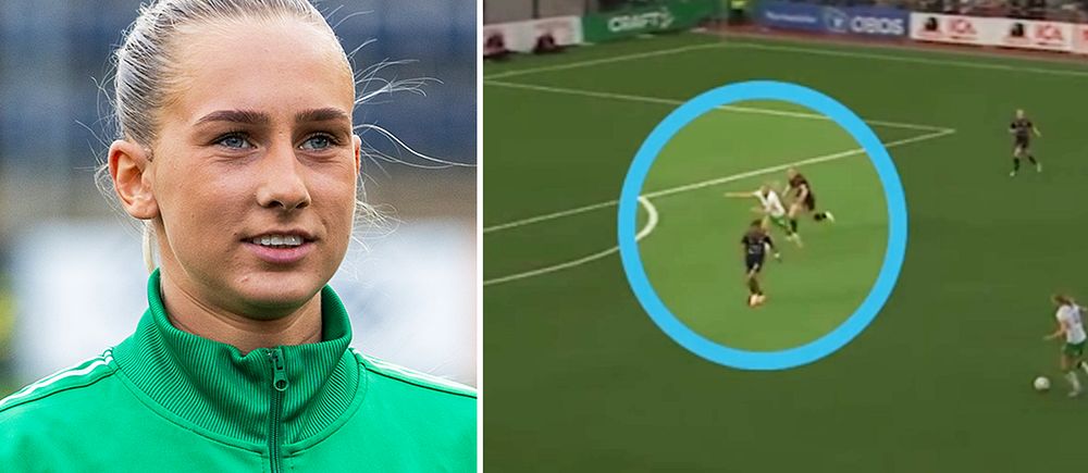 Delad bild. Vänster: fotbollsspelare i grönt ställ. Höger: spelscen markerad på fotbollsplan.