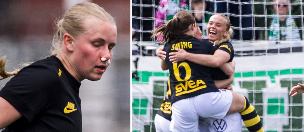 Delad bild. Vänster: kvinnlig spelare i svart tröja. Höger: fotbollsspelare firar mål.