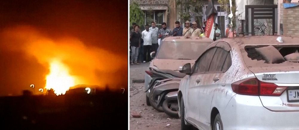 Delad bild. Till vänster: stor explosion i nattmörker. Till höger: skadade bilar på gata.