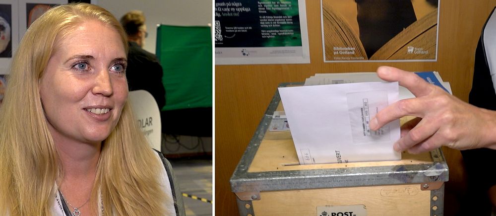 En kvinna syns till vänster, till höger syns en valurna där en man lägger ner ett kuvert med röstsedel..