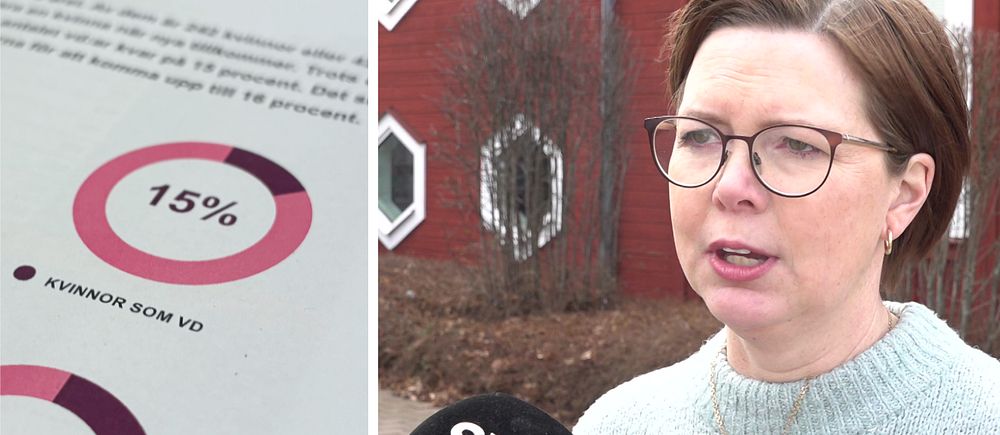 Tvådelad bild. Vänster: diagram över andelsen kvinnor som VD med 15%-siffra. Höger: Linda Hugosson, kommunikatör på Almi som står framför ett rött hus och pratar in i en SVT mikrofon.