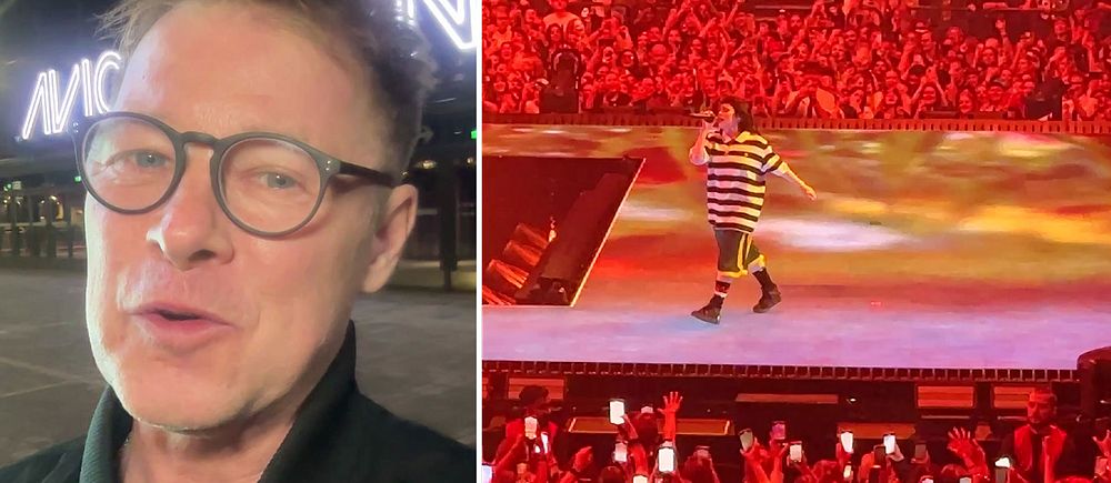Tvådelad bild. Till vänster SVT:s musikkritiker Per Sinding-Larsen utanför Avicii Arena. Till höger Billie Eilish som uppträder.