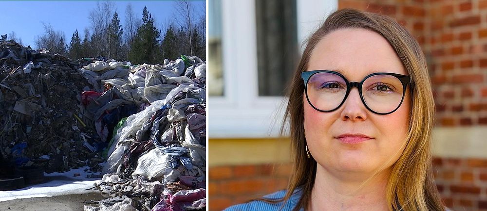 Delad bild. Till vänster: stora tygbalar utomhus. Till höger: en kvinna i blå tröja.