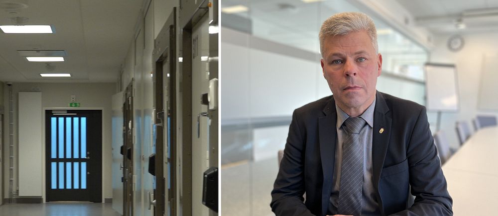 Tvådelad bild. Till vänster: korridor i fängelsemiljö. Till höger: Man i kostym med knäppta händer.