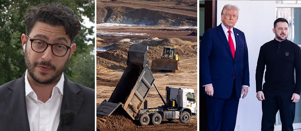 Tredelad bild. Vänster: person i kavaj. Mitten: lastbil tippas på byggarbetsplats. Höger: Trump och Zelenskyj.
