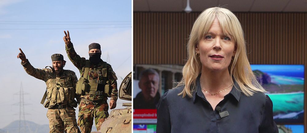 Delad bild. Vänster: soldater vid en pansarvagn med segertecken. Höger: nyhetsstudio i bakgrunden.