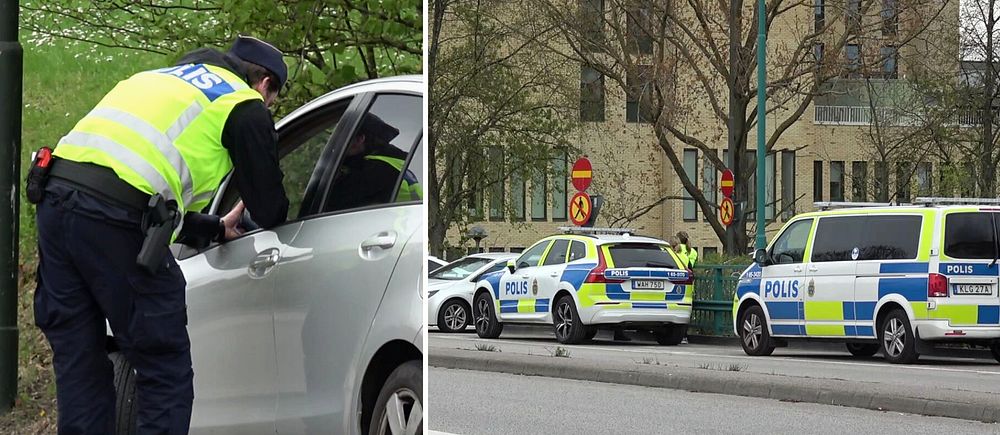 Delad bild. Vänster: polis pratar med bilförare. Höger: flera polisbilar på rad längs gata.
