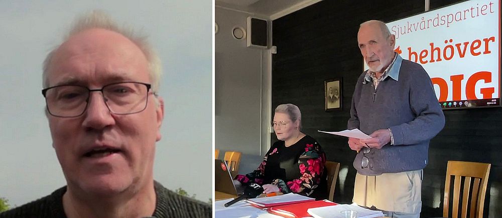 Delad bild. Till vänster: person i närbild. Till höger: möte med två äldre personer vid ett bord.