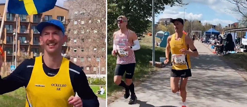 Delad bild. Till vänster löpare med svensk flagga. Till höger två löpare på en bana utomhus.