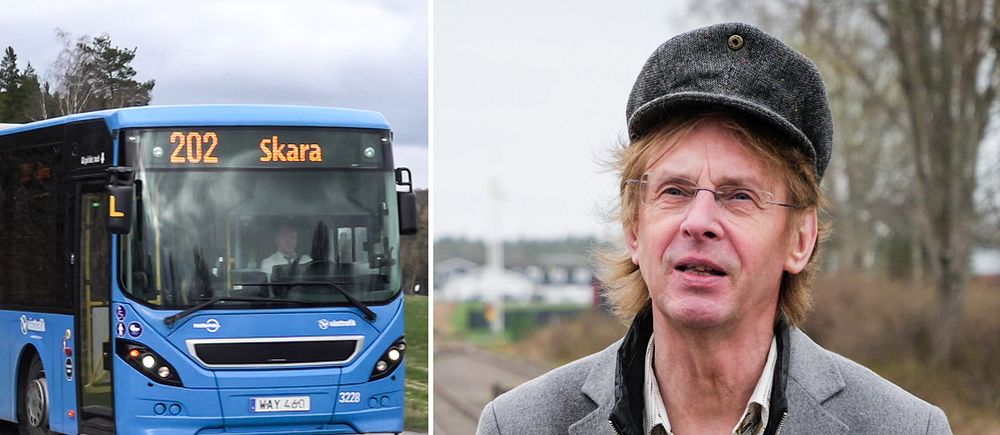 En buss mot Skara till vänster, och en porträttbild på Mikael Lundgren till höger.